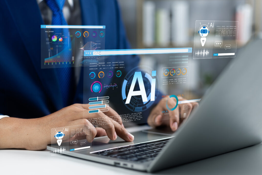 Intelligence artificielle aidant un rédacteur web à générer du contenu optimisé SEO sur un ordinateur